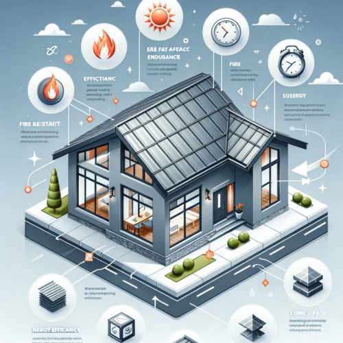 "Infographic of a modern house with a metal roof, highlighting features like fire resistance, energy efficiency, and durability."