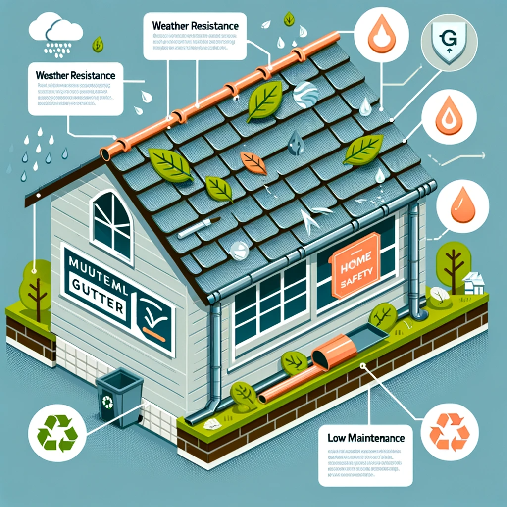 "Infographic showing a house with metal gutters, focusing on weather resistance, low maintenance, and eco-friendliness."