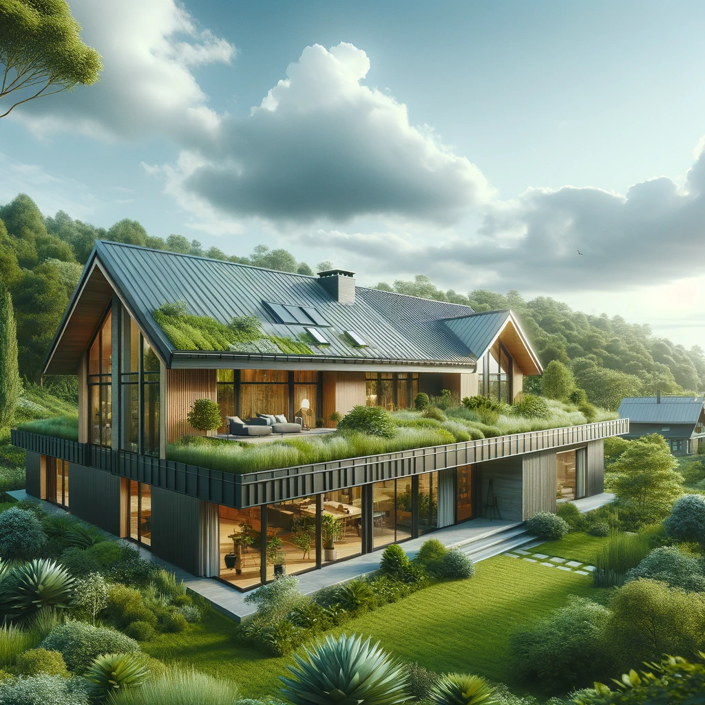 Eco-friendly home with a sleek metal roof surrounded by lush greenery.
