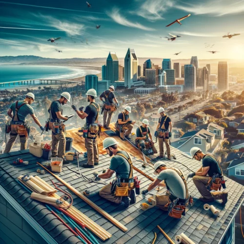"Roofing team repairing a roof in San Diego."
